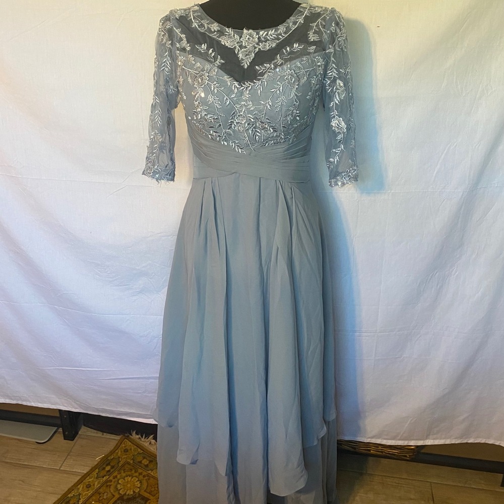 Elegant Lace Illusion Neckline Gown Long Sleeves Formal Evening Dress Size4
